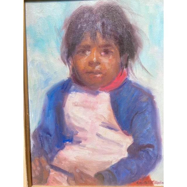 Beautiful figural portrait of a beautiful Navajo child by notable Texas artist Crystol Spillars (1932-2022). Wonderful use...