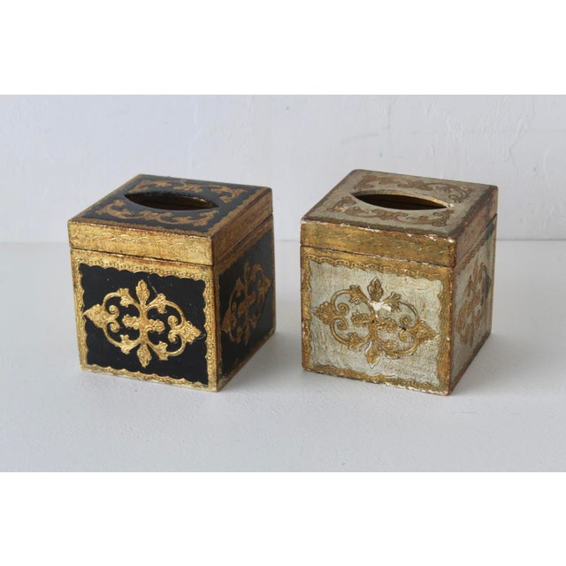 Mid 20th Century Vintage Hand-Made Italian Florentine Tissue Box Cover Gold White Black Mid-Century- A Pair For Sale - Image 5 of 11