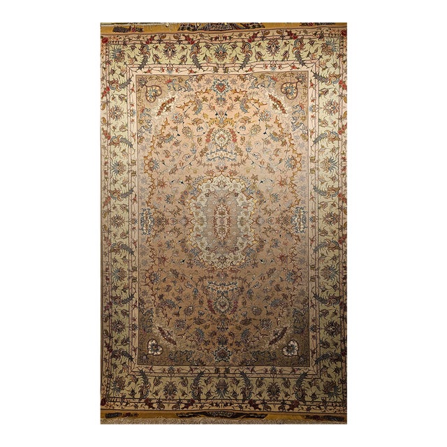 Persian Tabriz Rug, Handwoven Floral Design, Silk Highlight, Taupe & Pale Green, 7’ X 10’ For Sale