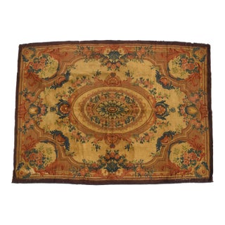 Antique French Aubusson Medallion Rug With Golden Floral Design - Rug & Kilim For Sale