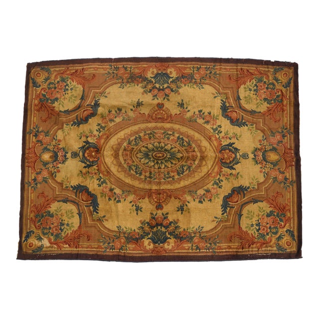 Antique French Aubusson Medallion Rug With Golden Floral Design - Rug & Kilim For Sale