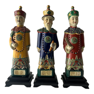 Vintage Chinese Porcelain Figures of the Three Sovereigns Emperors on Wooden Base - Set of 3