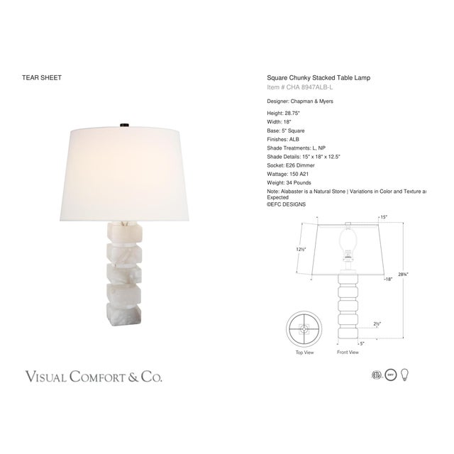 Chapman & Myers by Visual Comfort Signature Square Chunky Stacked Table Lamp in Alabaster with Linen Shade Designer:...