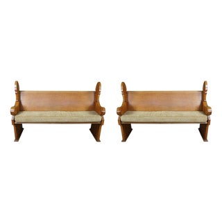 2 Antique Gothic Revival Quartersawn Oak Carved Church Pews Deacon Bench Pair For Sale
