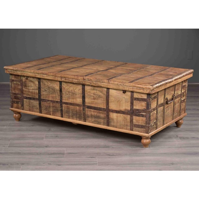19th Century Large Anglo-Raj Iron-Bound Teak Trunk Table With Hinged Lid For Sale - Image 10 of 12