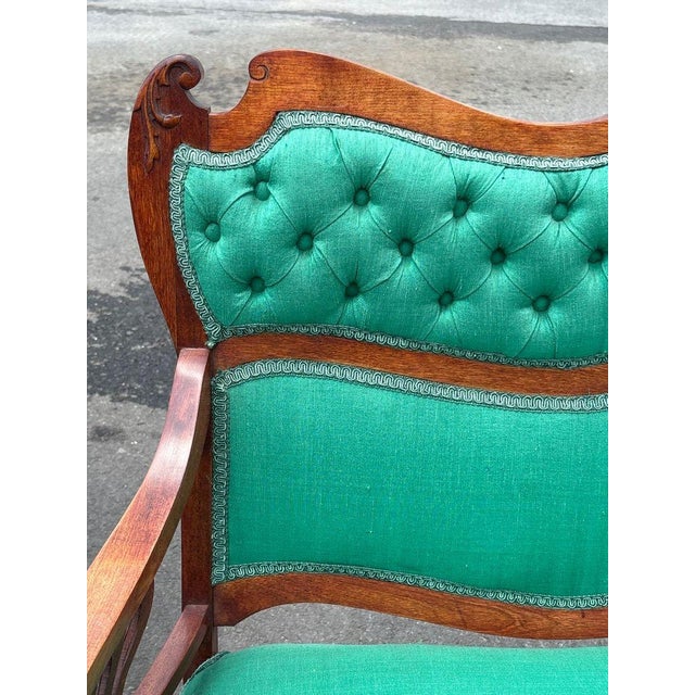 Green Antique Victorian Art Nouveau Walnut Parlor Suite in Malachite Green, 3 Pieces For Sale - Image 8 of 10