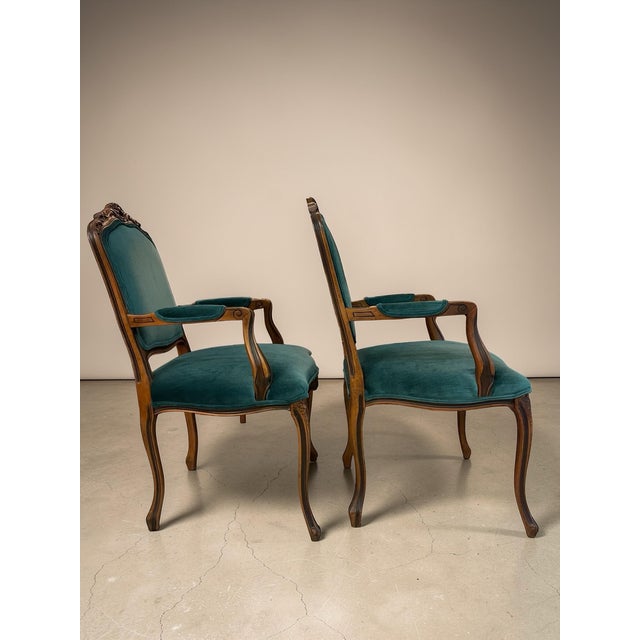Wood Louis XV Style Carved Walnut Armchairs in Emerald Velvet, a Pair For Sale - Image 7 of 12