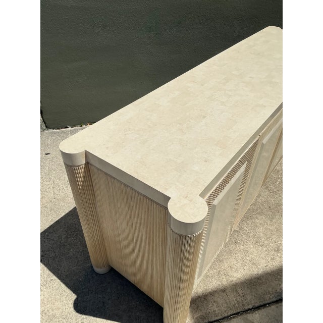 Vintage Washed Pencil Reed Credenza With Travertine Top For Sale - Image 11 of 12