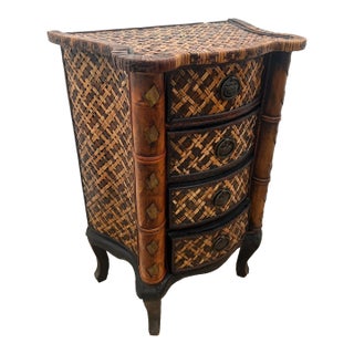 Vintage Nightstand Cabinet Chest Four Drawers Bamboo / Wicker Tiki Petite Size For Sale