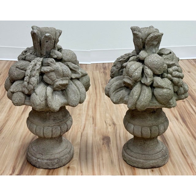 Mid 20th Century Vintage Concrete Garden Fruit Baskets Statues Urns, a Pair For Sale - Image 5 of 14