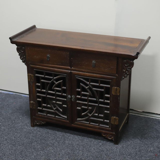 Brass Vintage Chinese Hardwood Altar-Style Cabinet With Fretwork Doors & Drawers - 56.5cm For Sale - Image 8 of 10