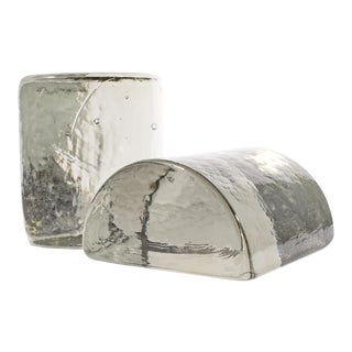 Vintage Mid-Century Blenko Light Gray "Half Moon" Glass Bookends - a Pair For Sale