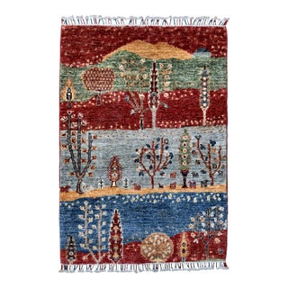Gabbeh Caravan Red & Green Hand-Knotted Wool Area Rug For Sale