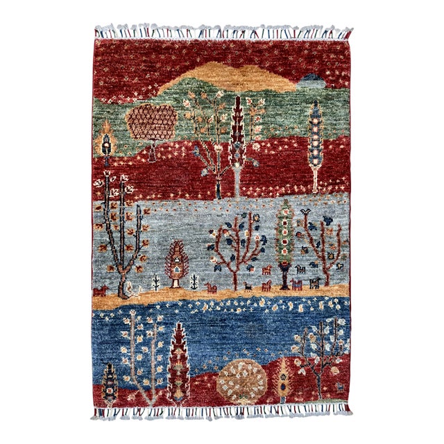 Gabbeh Caravan Red & Green Hand-Knotted Wool Area Rug For Sale