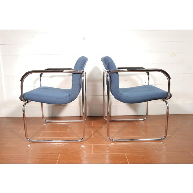 1970s Vintage Pair Tubular Chrome Arm Chairs by Goodform Bauhaus Milo Baughman Style Mid Century Modern Retro For Sale - Image 5 of 13