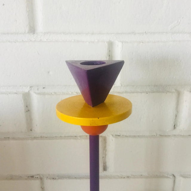 Pop Art Ettore Sottsass Inspired Memphis Style Candlestick in Orange Purple and Yellow by Anna Efverlund for Ikea in the 1980s. For Sale - Image 3 of 7