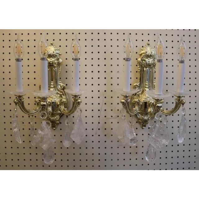 ​ Pair of 21st Century Schonbek La Scala 3 Light Brass & Rock Crystal Wall Sconces For Sale - Image 4 of 9