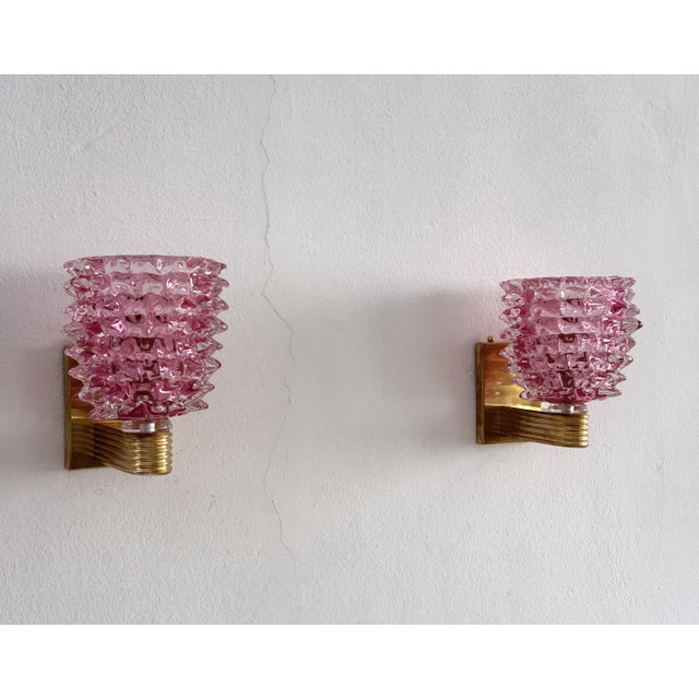 1990s Italian Art Deco Brass and Pink Rostrato Murano Glass Wall Sconces, 1990s, Set of 2 For Sale - Image 5 of 13