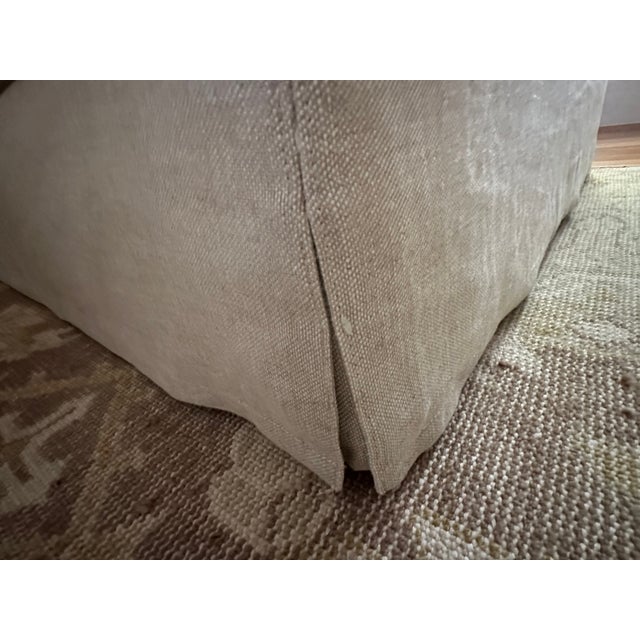 Restoration Hardware Belgian Slipcovered Slope Arm Bench-Cushion Sofa in Sand Performance Linen, 7ft (Pair Available) For Sale - Image 12 of 14