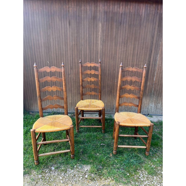 Rustic Vintage French Country Ladderback Chairs in Oak and Rush, 1960s, Set of 6 For Sale - Image 3 of 14