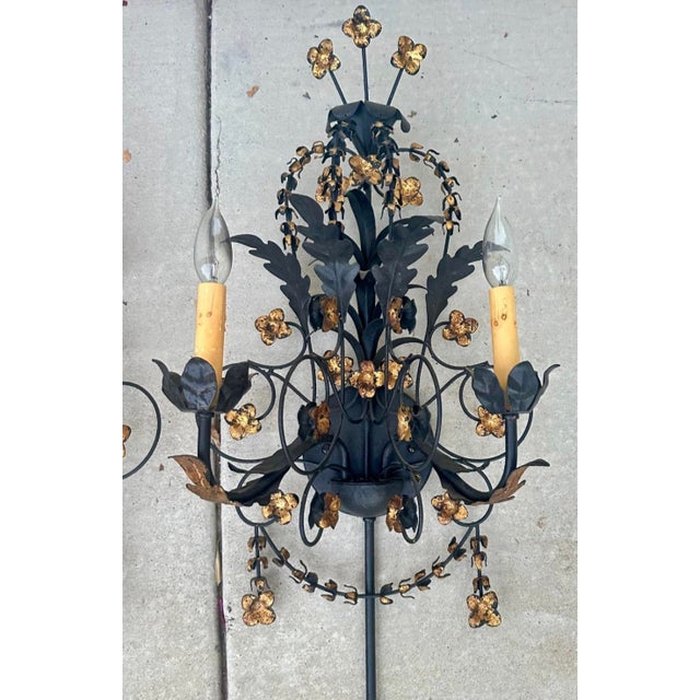 Pair of Black Iron and Tole Painted Two-Light Sconces – Circa 1950s For Sale In San Diego - Image 6 of 12