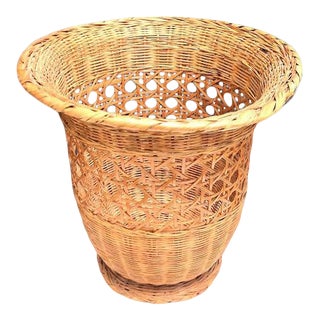 1970s Caned Wicker Trumpet Basket For Sale