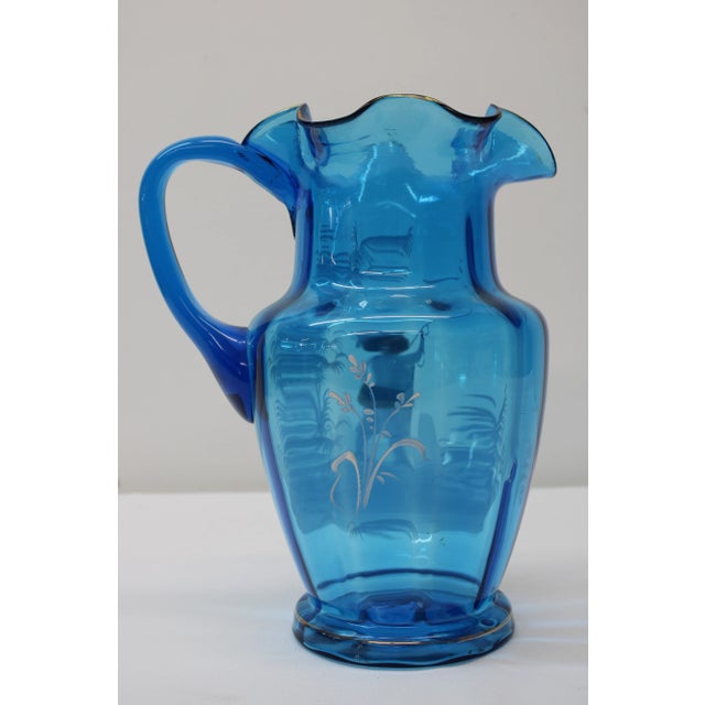 Glass Victorian Blue Glass Pitcher W/ 5 Tumblers For Sale - Image 7 of 10