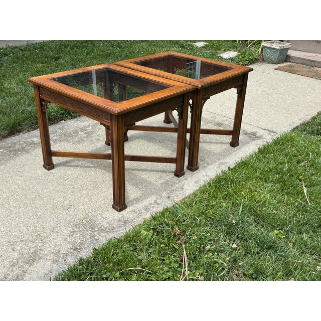 1970s Pair Glass Top Side Tables With Fretwork For Sale - Image 9 of 10