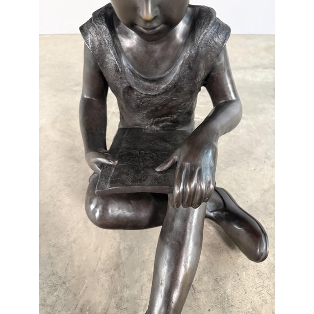 Seated Bronze Girl Reading Sculpture – 21" H, Child With Book For Sale In Dallas - Image 6 of 12