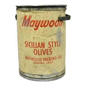Early 20th Century Antique Maywood Packaging Sicilian Olives Large Packaging Drum Advertising
