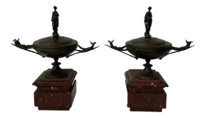 19th Century French Napoleon III Period Bronze Lidded Urns on Marble Bases - a Pair