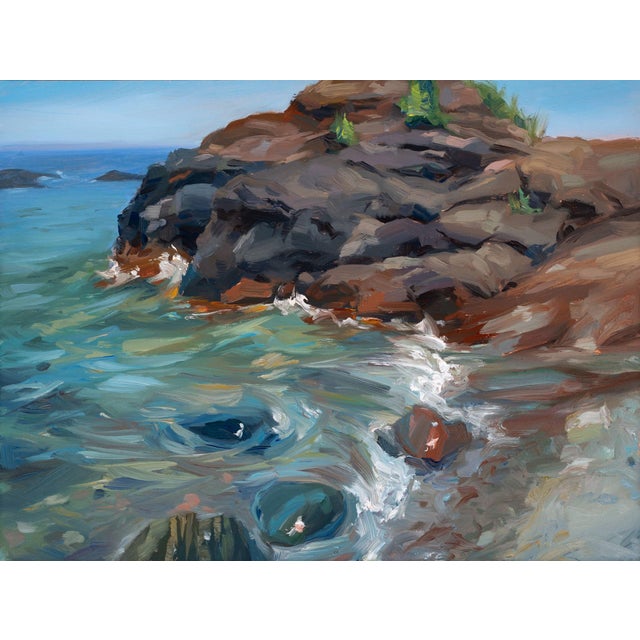 Presque Isle (Day 83) June 7, 2022 by Primary Hughes | Oil on masonite Seascape with rocky shore For Sale