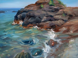 Presque Isle (Day 83) June 7, 2022 by Primary Hughes | Oil on masonite Seascape with rocky shore
