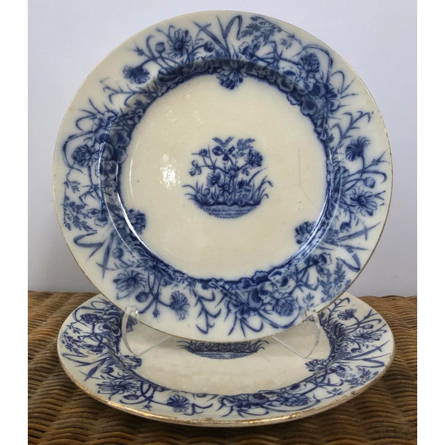 Early Gater Hall Blue Flow Plates in "Clover" Floral Pattern - a Pair For Sale - Image 10 of 13