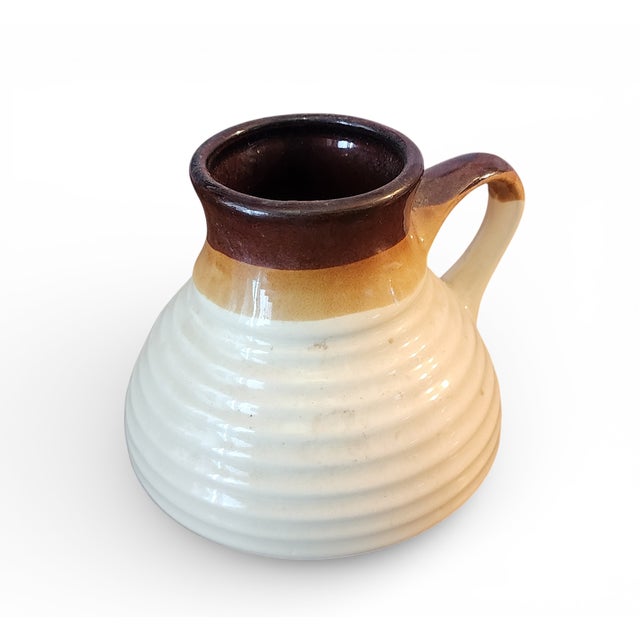 Vintage Mid Century Art Pottery Stoneware Brown & Cream Colored Ribbed Pitcher For Sale - Image 11 of 12