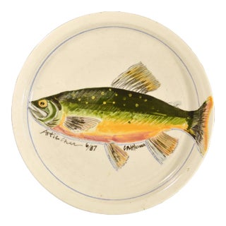 Carole Moses Harman Hand-Painted Pottery Dish, Arctic Char, Dated 1987 For Sale
