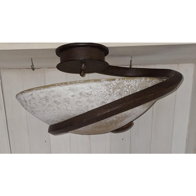 Vintage Italian Ceiling Lamp with Curved Metal Frame and Frosted Glass Shade from Lamp International, 1980s, in Very Good...