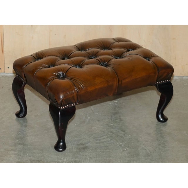 Vintage Pair of Chesterfield Chestnut Brown Leather Wingback Armchairs & Footstools For Sale - Image 16 of 18
