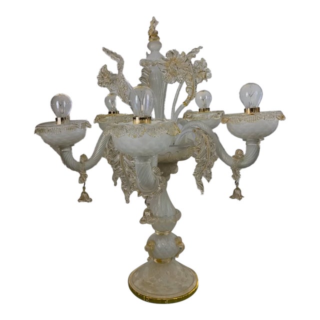 Murano Glass White and Gold Table Lamp With Flowers and Leaves For Sale