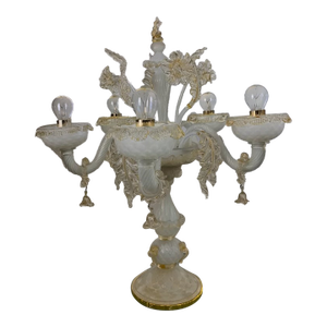 Murano Glass White and Gold Table Lamp With Flowers and Leaves