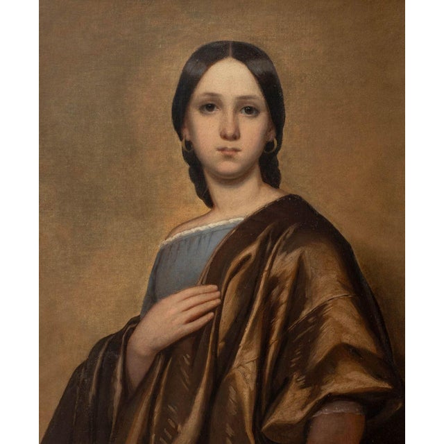 European School, Portrait of a Woman with Brown Cloak, Oil on Canvas, 19th century, unsigned, gilt trim and wood frame....
