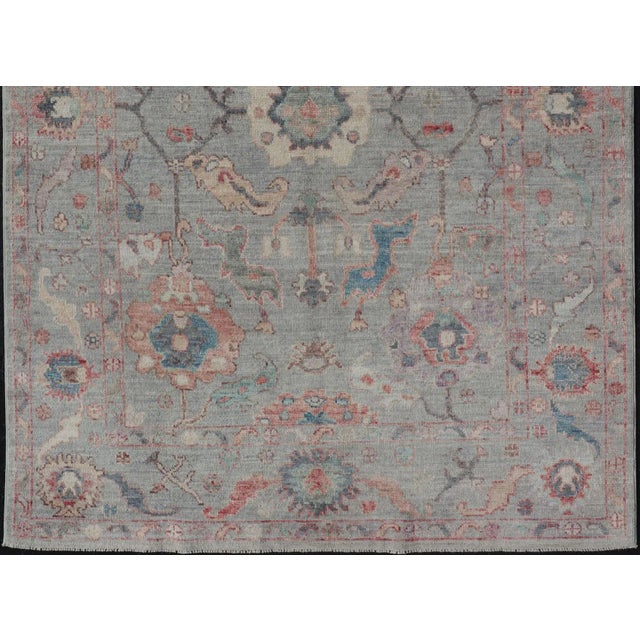 Modern All-Over Floral Oushak With a Light Blue-Gray Background And Multi-Colors. Keivan Woven Arts; rug AWR-5109 Country...