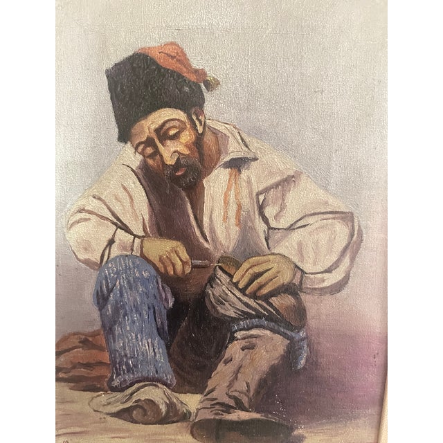 Folk Art 1920s Folk Art Turkish Cobbler (Köşker) Oil Painting & Larson Juhl Burl Wood Frame For Sale - Image 3 of 7