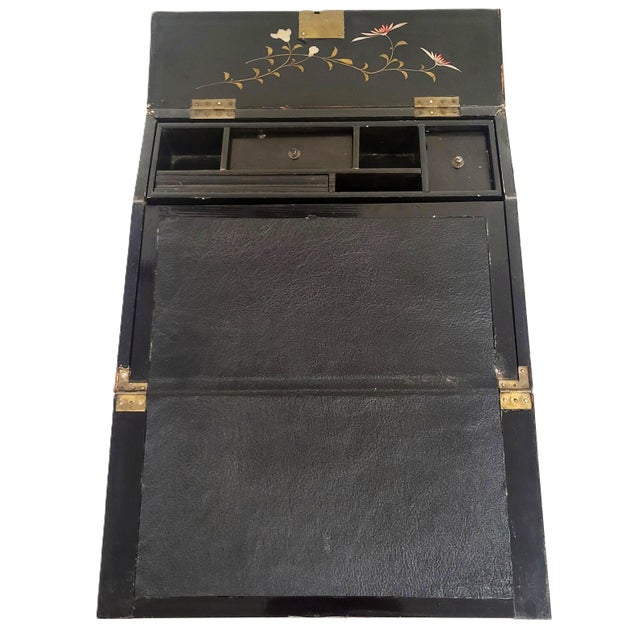 Antique English 19th C Parquetry Inlaid & Ebonized Chinoiserie Leather Lap Desk For Sale - Image 11 of 18