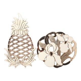 Vintage Wm a Rogers Gold Pineapple and Iris Flower Trivets - Set of 2 For Sale