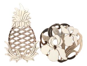Vintage Wm a Rogers Gold Pineapple and Iris Flower Trivets - Set of 2