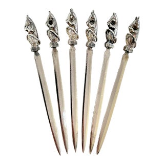 Vintage Silverplate Animal Cocktail Picks – Set of 6 Figural Barware Skewers, Mid Century Entertaining, Holland With Original Box For Sale