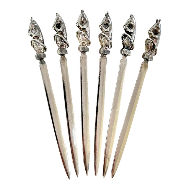 Vintage Silverplate Animal Cocktail Picks – Set of 6 Figural Barware Skewers, Mid Century Entertaining, Holland With Original Box For Sale