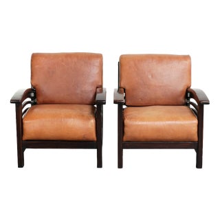 20th Century Art Deco Cognac-Colored Cowhide Lounge Chairs, Set of 2 For Sale