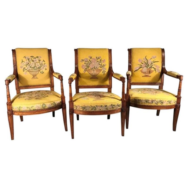 Yellow Antique French Armchairs in Directoire Style, 1800s, Set of 3 For Sale - Image 8 of 8